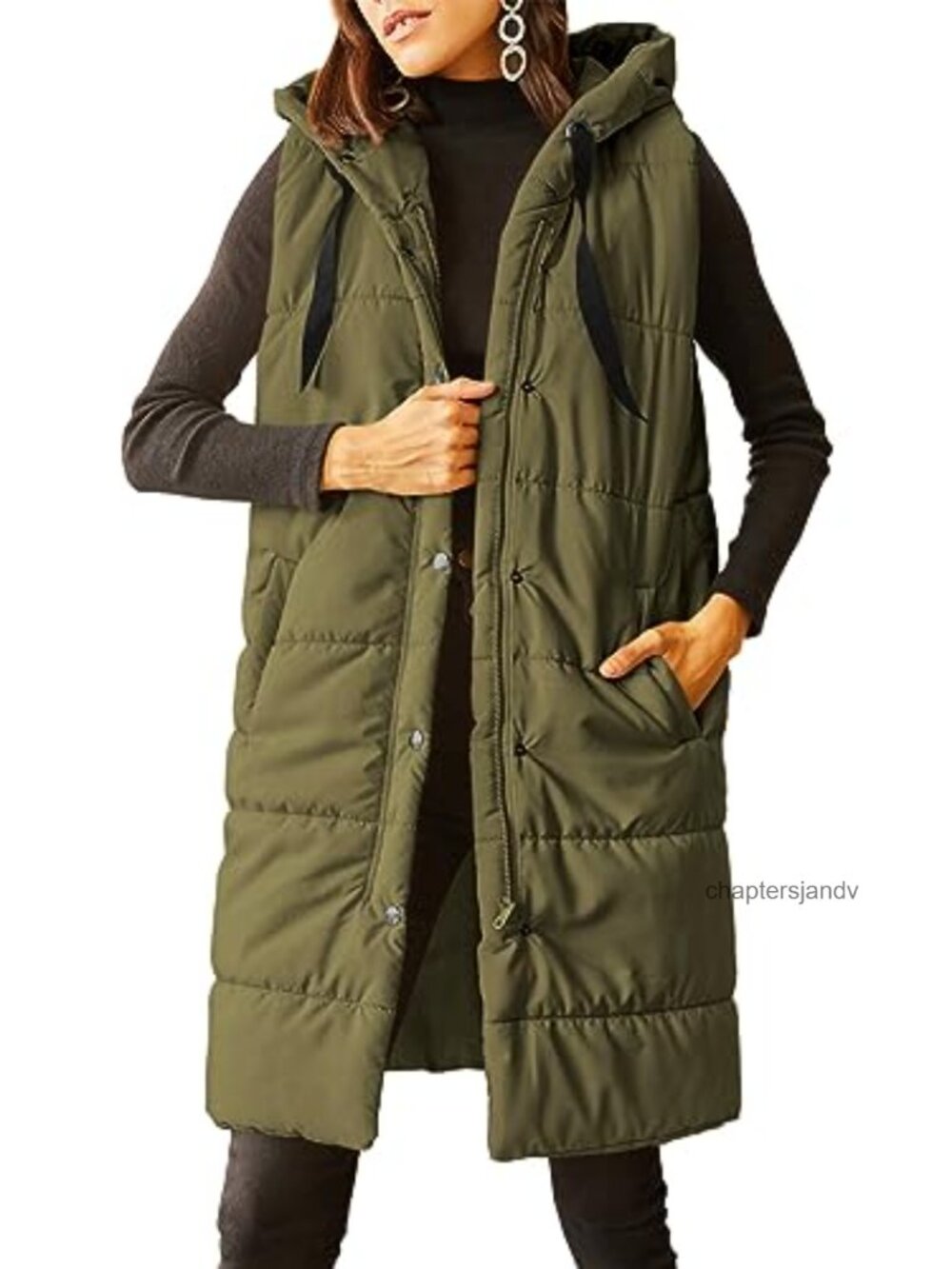 Long Quilted Hooded Puffer Vest Sleeveless Button Down Winter Warm Pockets